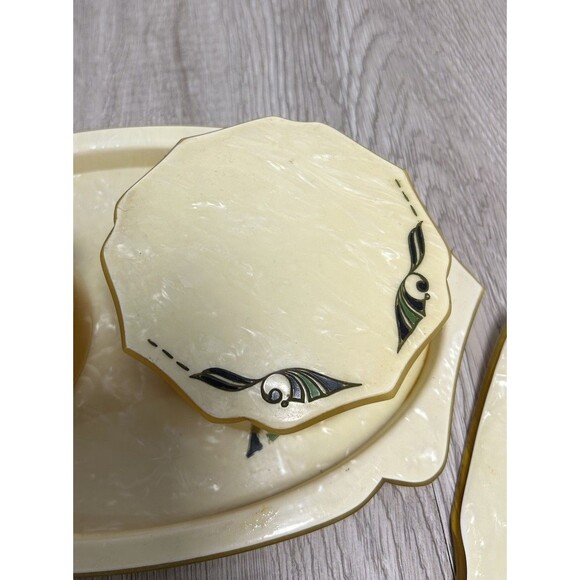 VTG Pyralin Celluloid Pearlized Vanity Set Tray Mirror Shoe Horn Powder Boxes - Picture 5 of 16